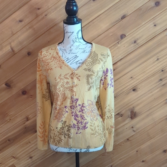 Christopher & Banks Sweaters - Christopher & Banks Floral Cardigan - Yellow and Purple